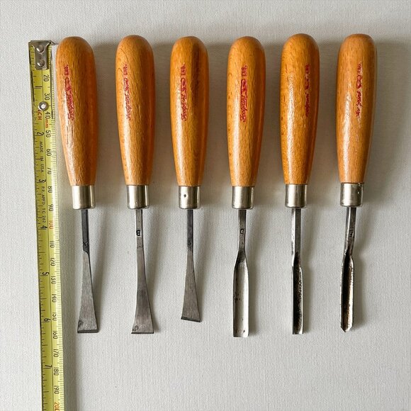 Vintage Footprint England 6 pc Wood Carving Chisel Set Woodworking Hand Tool - Picture 7 of 8